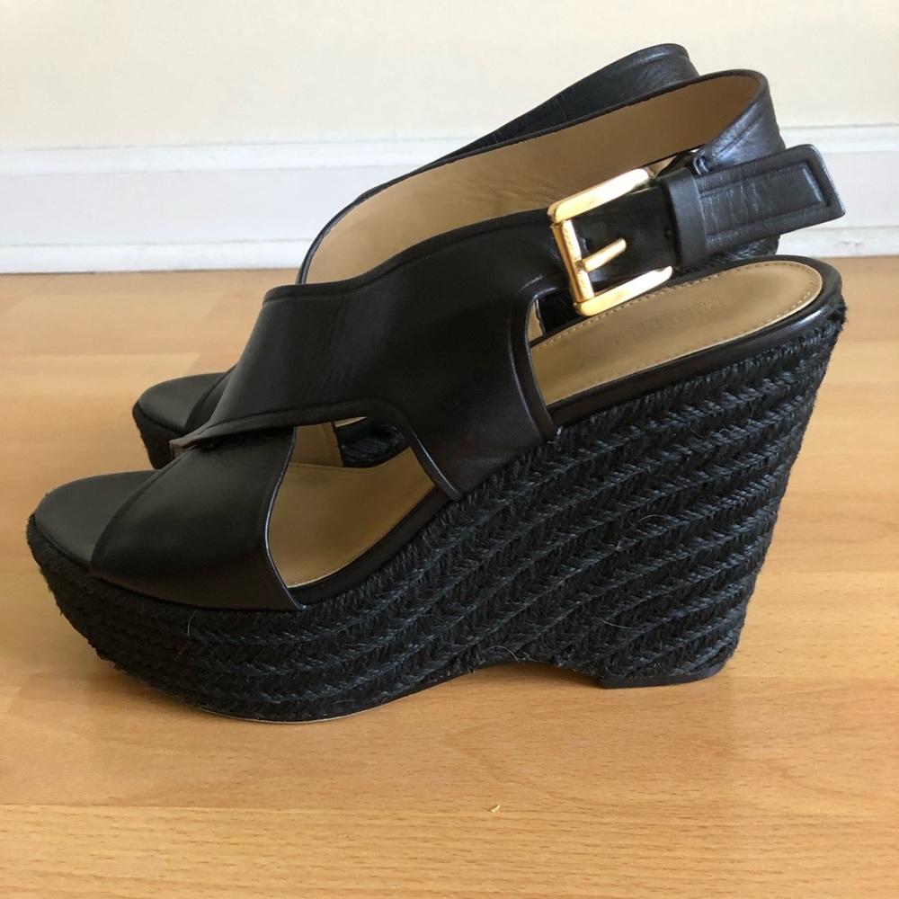 Michael Kors Black Leather Crisscross Wedge Sandals with Gold Buckle